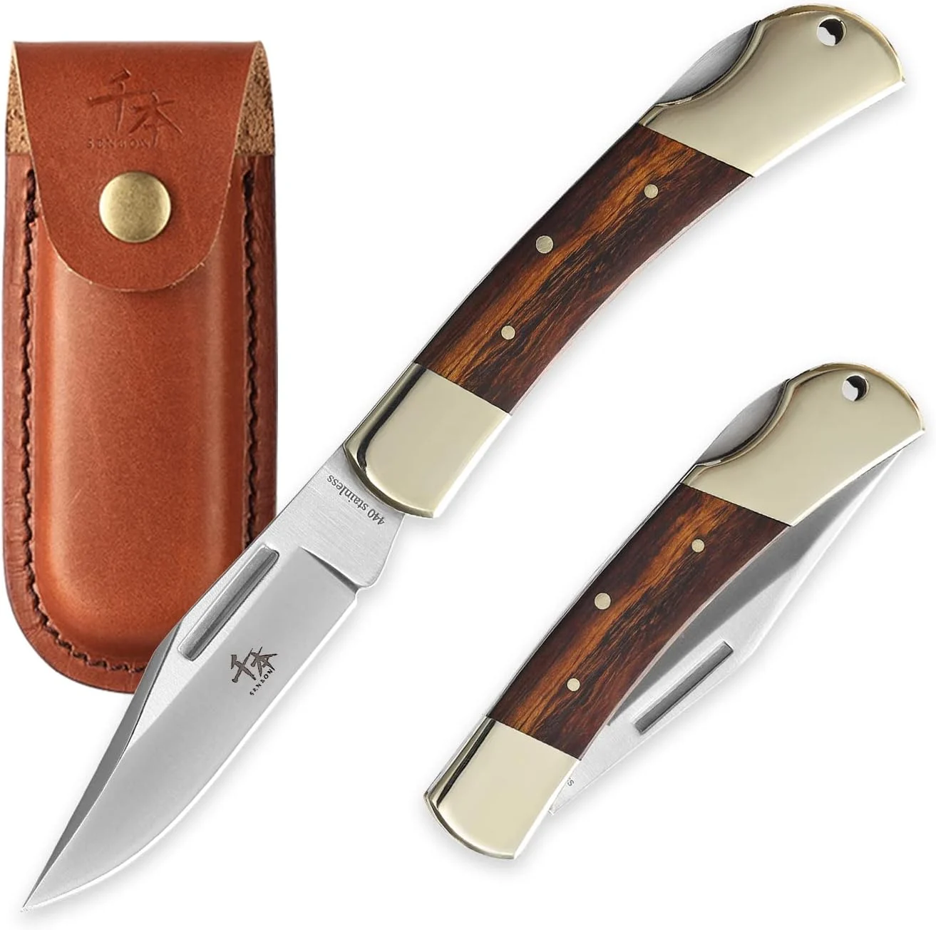 SENBON folding lock back knife 3.3in 440a sharp outdoor knife sand iron wood copper handle with Leather Sheath