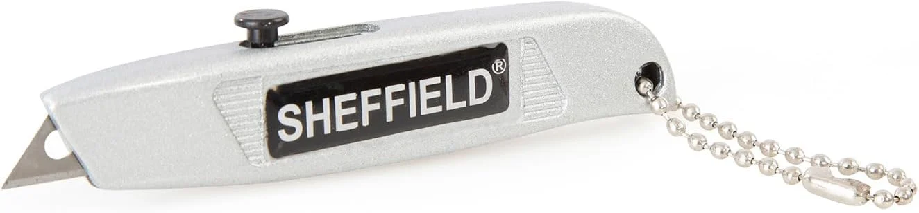 Sheffield 12245 Mini Retractable Utility Knife | Mini Boxcutter, Metal Body, Classic Style, Comes with a Chain that Allows It to Hook on to a Key Ring | Cuts Boxes, Twine, etc. | Useful for Many Jobs