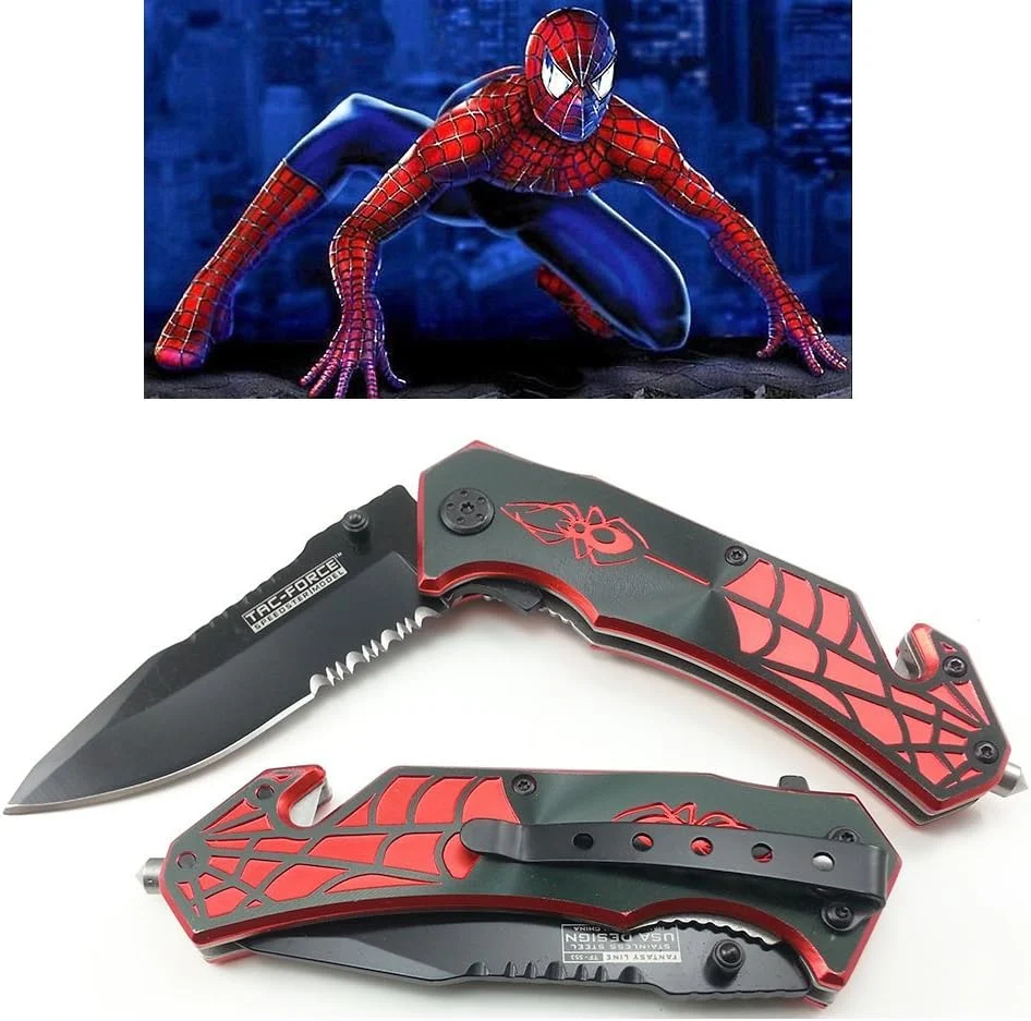 Spider Man 8 Inch Spring Assisted Pocket Knife With Glass Breaker + Belt Cutter