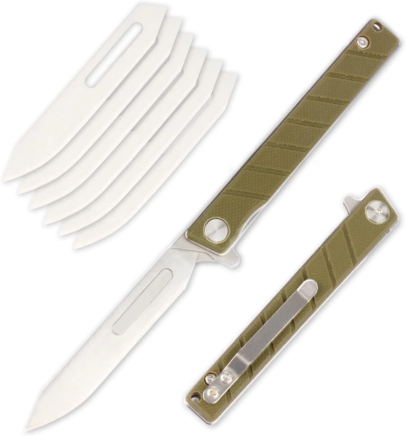 T35 Small Slim Folding Pocket Scalpel Knife, 6pcs #60 Replaceable Blades, Gentleman’s Flipper Scalpel EDC Utility Knives with Pocket Clip (Army Green G10 Handle)