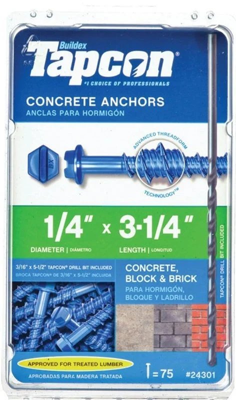 Tapcon 24301 Screw Anchor, Hex Drive, Steel, Climaseal, 75 PK