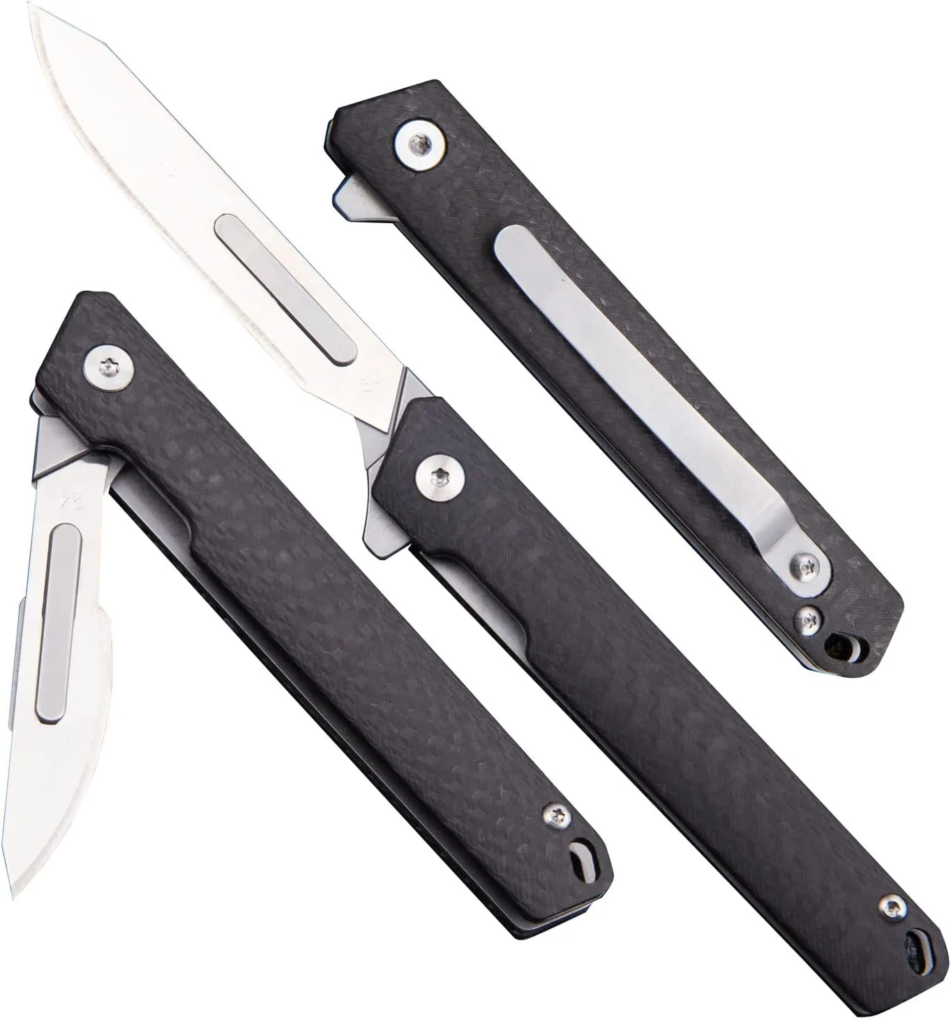TC18 Small Carbon Fiber Pocket Folding Scalpel Knife, 10pcs #60 and #24 Replaceable Blades, Compact Slim Gentleman’s Flipper EDC Utility Knives with Pocket Clip