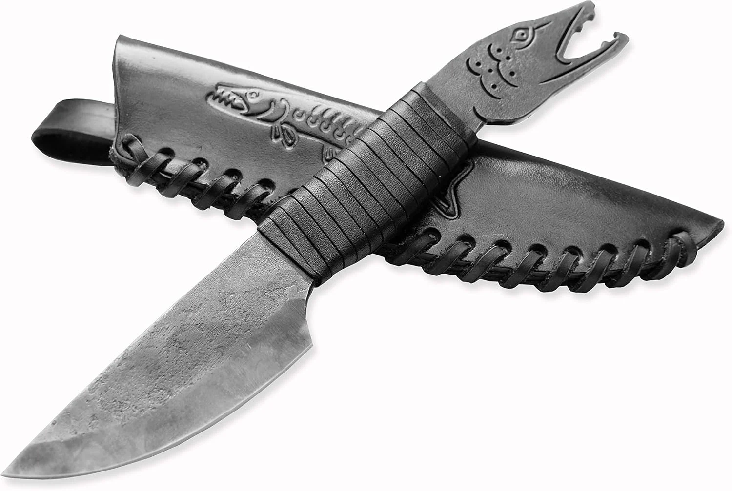 Toferner Hand Forged Knife Fish Head with Sheath, Vintage Knife for Antique Collection, Genuine Leather Case, Hardened Blade, Hand Made Craft, Gift Idea for Men (Black)