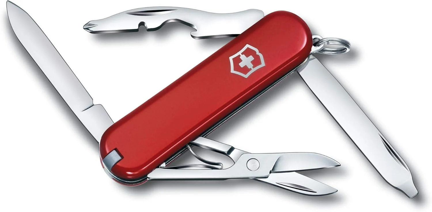 Victorinox Rambler Swiss Army Knife, Compact, 10 Functions, Swiss Made Pocket Knife with Magnetic Phillips Screwdriver, Scissors and Tweezers – Red
