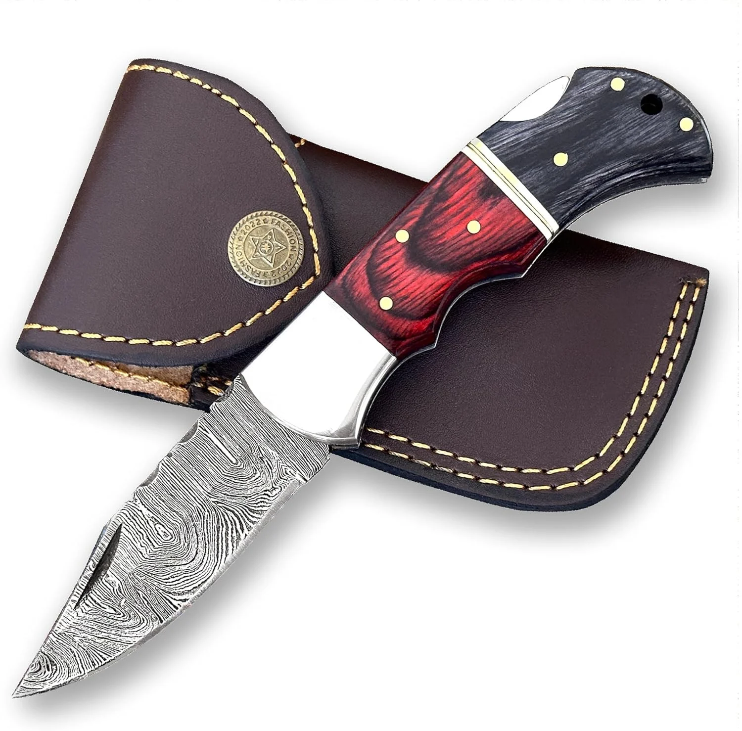 WINTERFELL Personalized Engraved Folding Pocket Knife for Men, Customized Christmas Gifts for Husband, Dad, Boyfriend, Damascus Steel Groomsman Gift Knives, 100% Handmade Knife with Leather Sheath