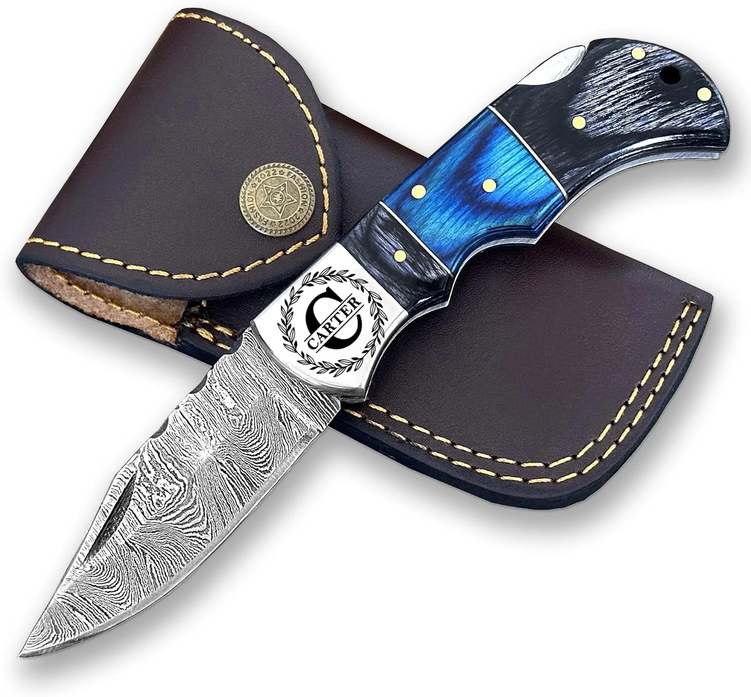 WINTERFELL Personalized Folding Pocket Knife – Handmade 6.5” Camping, Hiking Knife With Damascus Steel Blade