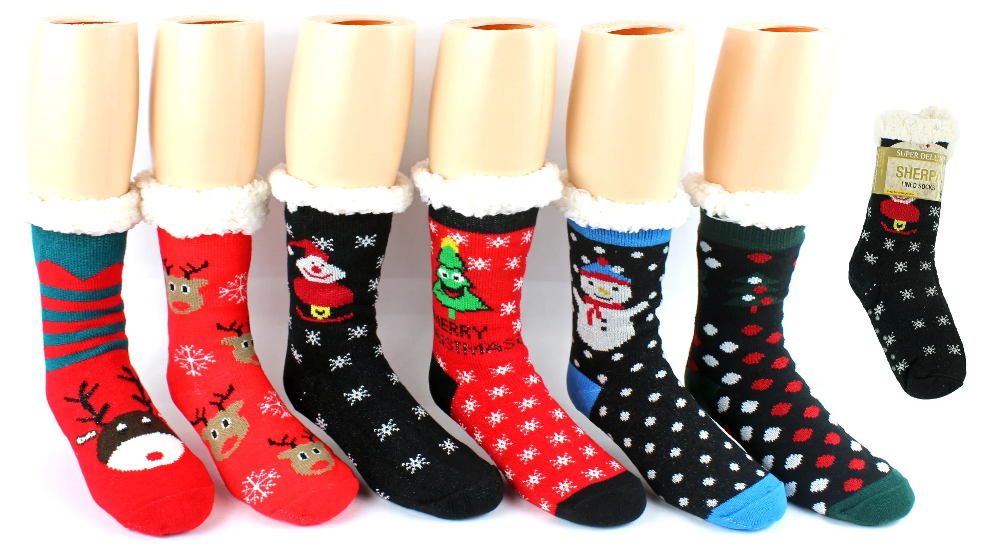 Women's Cozy Knit Sherpa Lined Slipper Socks w/ Non-Skid Grips - Christmas & Wintery Prints
