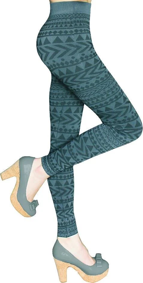 Women's Hacci Knit Fashion Leggings w/ Brushed Lining - Tribal Print