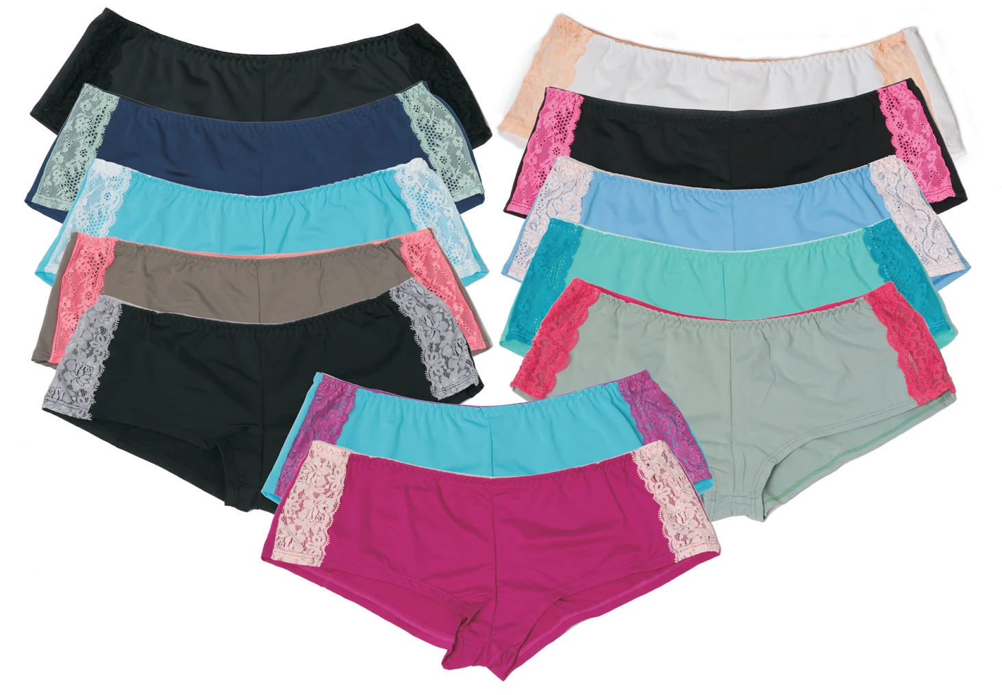 Women's Nylon/Spandex Boy Short Panties - Solid Colors w/ Lace - Sizes 5-7