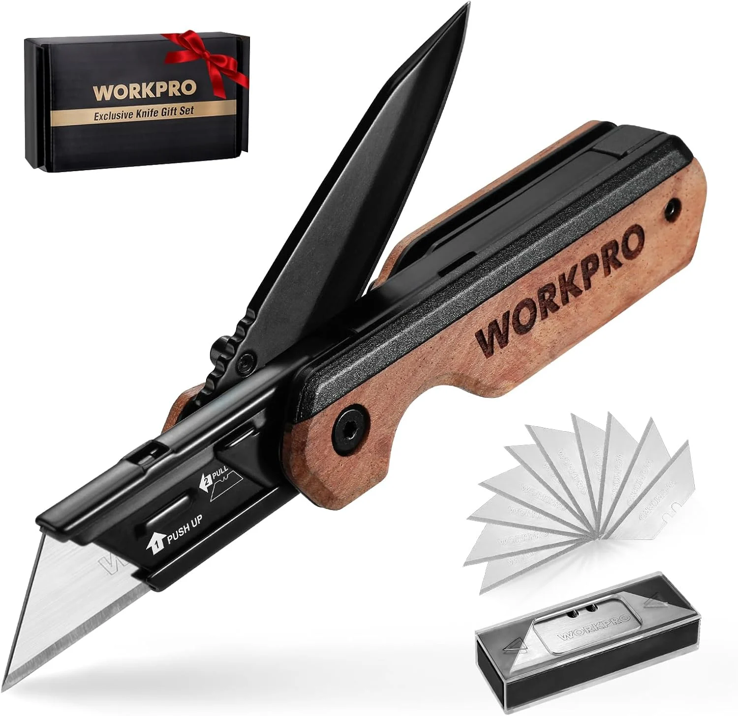 WORKPRO 2-in-1 Folding Knife/Utility Knife – Gifts for Dad, Quick-Change Box Cutter with Belt Clip and Liner Lock, Extra 10 SK5 Blades Included