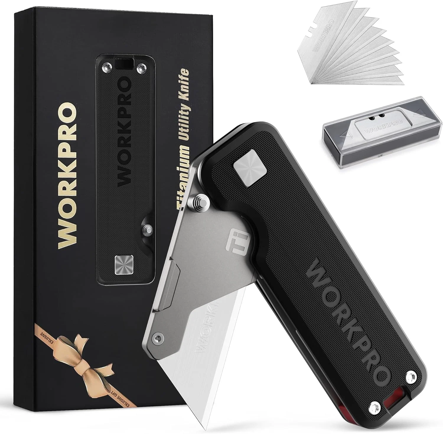 WORKPRO Premium Titanium Utility Knife, CNC Unibody, Lightweight G-10Handle Folding Box Cutter, Quick Change Blade Razor Knife,Ideal Gifts for Men Women, with 10 Extra Blades