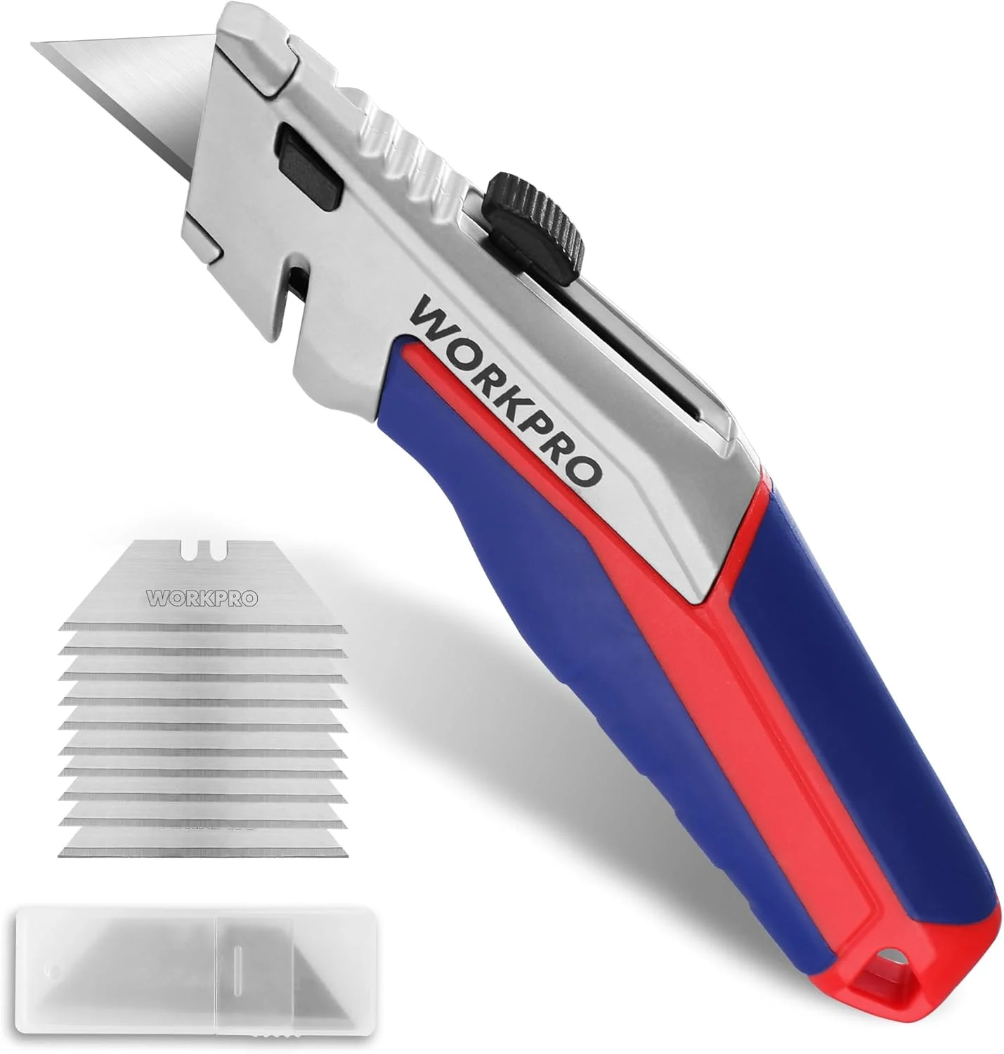 WORKPRO Retractable Utility Knife, Quick-Change Box Cutter with Twine Cutter, Heavy Duty Aluminum Razor Knife with Comfortable Handle, 10 Extra Blades Included